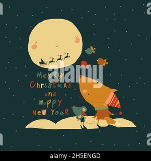 Cute Cartoon Animals looking at the Santa Claus in a Sleigh ride in the Sky Stock Vector