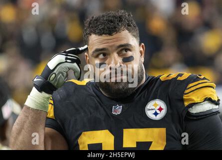 Pittsbugh, United States. 09th Nov, 2021. Pittsburgh Steelers defensive end Cameron Heyward (97) reacts to a Chicago Bears penalty in the fourth quarter of the Pittsburgh Steelers 29-27 win at Heinz Field on Monday, November 8, 2021. Photo by Archie Carpenter/UPI Credit: UPI/Alamy Live News Stock Photo
