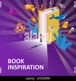 Open Book Imagination with girl, concept background. Inspiration reading book with fantasy and creative elements rocket, whale, ufo, unicorn, gold Stock Vector