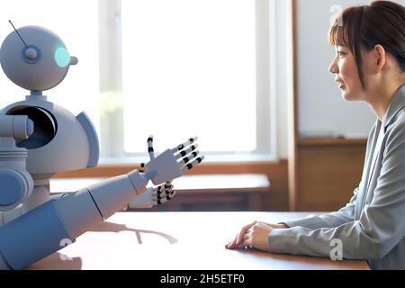 Composite image of robot interaction with human Stock Photo