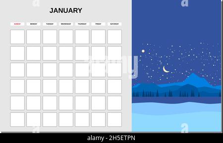 Calendar Planner January month. Minimalistic landscape natural backgrounds Winter. Monthly template for diary business. Vector isolated Stock Vector