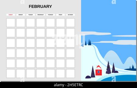 Calendar Planner February month. Minimalistic landscape natural backgrounds Winter. Monthly template for diary business. Vector isolated Stock Vector