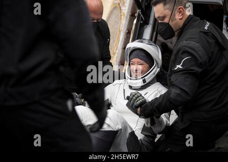 NASA astronaut Megan McArthur is helped out of the SpaceX Crew Dragon Endeavour spacecraft onboard the SpaceX GO Navigator recovery ship after she and NASA astronaut Shane Kimbrough, Japan Aerospace Exploration Agency (JAXA) astronaut Aki Hoshide, and ESA (European Space Agency) astronaut Thomas Pesquet landed in the Gulf of Mexico off the coast of Pensacola, Florida, Monday, Nov. 8, 2021. NASA's SpaceX Crew-2 mission is the second operational mission of the SpaceX Crew Dragon spacecraft and Falcon 9 rocket to the International Space Station as part of the agency's Commercial Crew Program. Man Stock Photo