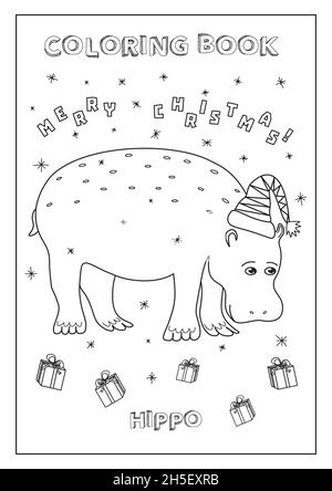 Kids Coloring book Merry Christmas! with Hippo, presents and snow. Ready to print, paper format A4. Black and white, made in vector. Stock Vector