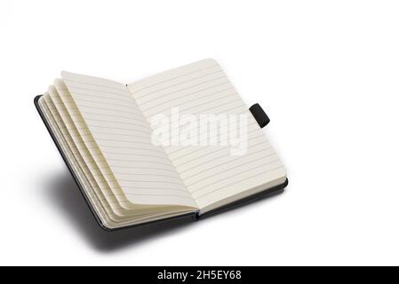 Close up of opened vintage leather notebook isolated on white background Stock Photo