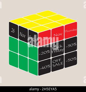 Black friday and offsales signed on colorful rubik on white background. Black friday and shopping concept. Vector illustration Stock Vector