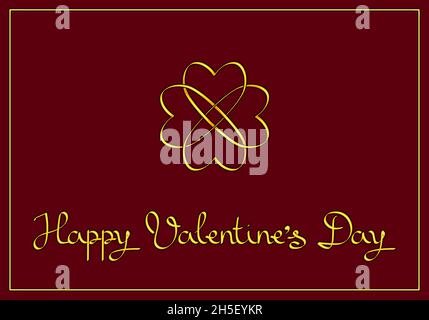 Laconic and elegant Valentine's card: a flower of golden intertwined hearts and the inscription "Happy Valentine's Day" on a burgundy background. Stock Vector