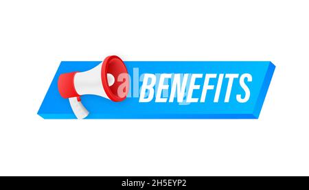 Hand Holding Megaphone with Benefits. Megaphone banner Stock Vector