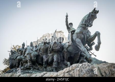 Bronze monument for the battle of Castelfidardo a small town in the Marche region of Italy. Between the Sardinian army against the Papal States for th Stock Photo