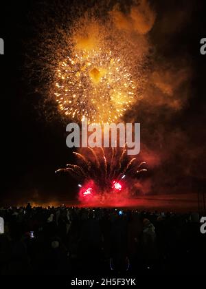 Firework display watched by a large crowd of people. Stock Photo