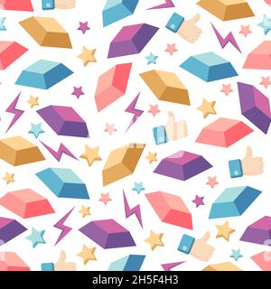 Seamless pattern of keyboard buttons, thumbs up icon, stars and lightnings in a flat style, isolated on a white background. Stock Vector
