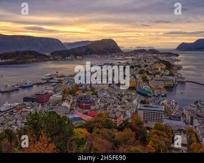 View over Alesund on an autumn evening from the Aksla viewpoint. Stock Photo