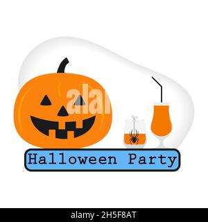 Happy Halloween. Vector illustration inscription Halloween party, glass, spider, Jack O'Lantern  pumpkin. Celebrating. Festive background. Drink Bar D Stock Vector