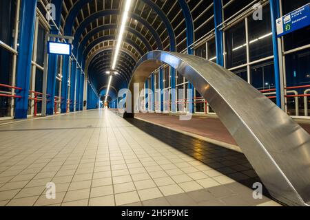 Futuristic and black and blue tunnel, night view  inside the Nelson Mandela bridge over the A12 highway  in Zoetermeer, The netherlands Stock Photo
