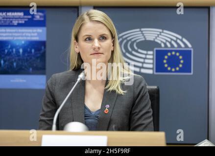 Facebook whistleblower Frances Haugen speaks in front of the Internal Market and Consumer Protection Committee at the European Parliament on November 8, 2021 in Brussels, Belgium. - Photo by Monasse T/ANDBZ/ABACAPRESS.COM Stock Photo