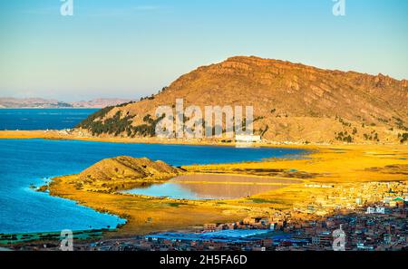 Aerial view of Titicaca Lake at Puno, Peru Stock Photo