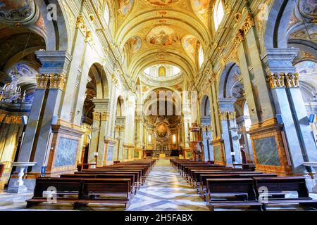 Central nave and apse of the Cathedral of Saint Mary, Saint Juvenal in Fossano, Provincia di Cuneo, Italy. bell tower, however, dates back to the 15th