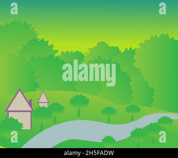 Nature and landscapes. Vector illustration of trees, forest, mountains, flowers, plants, houses, fields, farms and villages. Image for background, car Stock Vector