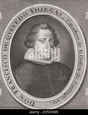Francisco Gómez de Quevedo y Santibáñez Villegas, 1580 – 1645. Spanish nobleman, politician, poet and writer of the Baroque era.  After an 18th century engraving by Michiel van der Gucht. Stock Photo