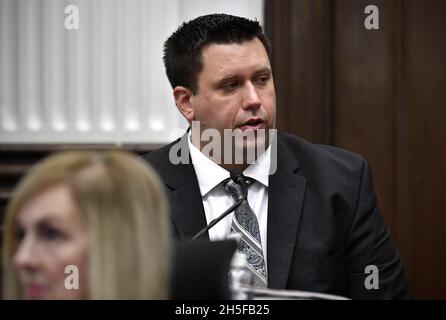 Kenosha, Wisconsin, USA. 9th Nov, 2021. James Armstrong, of the state crime lab, testifies in Kyle Rittenhouse's trial at the Kenosha County Courthouse in Kenosha, Wis., on Tuesday, Nov. 9, 2021. (Credit Image: © Sean Krajacic/The Kenosha News-POOL via ZUMA Press Wire) Stock Photo