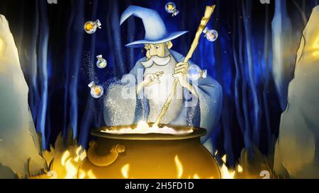 Cute cartoon wizard preparing a potion in a cauldron and adding some ingredients from the small bottles. Beautiful colorful animation Stock Photo