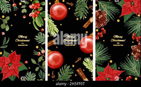 Christmas backgrounds for social media. Spruce branches, Poinsettia, cones, berries, cinnamon, balls, confetti. Stock Vector