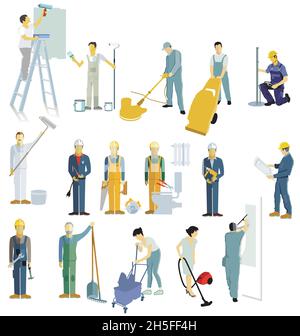 Handyman and building cleaner illustration, isolated on white background Stock Vector