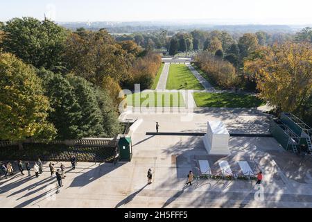 Arlington, United States. 09th Nov, 2021. People place flowers during a centennial commemoration event at the Tomb of the Unknown Soldier, in Arlington National Cemetery in Arlington, Virginia on November 9, 2021. Pool Photo by Alex Brandon/UPI Credit: UPI/Alamy Live News Stock Photo