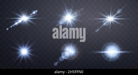 Blue lens flares set. Isolated on transparent background. Sun flash with rays or gold spotlight and bokeh. Stock Vector