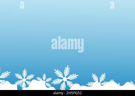 Christmas card with white snowflakes on blue background. Isolated snowflakes icon. Empty paper shape. Winter flat illustration. Copy space. Holiday Stock Vector