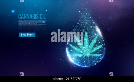 Cannabis oil concept. Low poly hemp in oil drop. Marijuana leaf wireframe light connection structure, polygonal graphic.