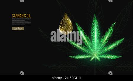 Cannabis oil concept. Low poly hemp and oil drop on black background.