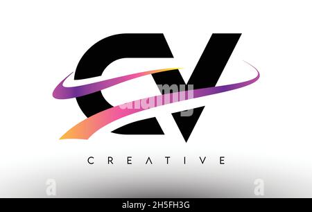 CV Logo Letter Design Icon. CV Letters with Colorful Creative Swoosh Lines Vector Illustration Stock Vector