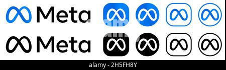 Vinnytsia, Ukraine - November 09, 2021: Set of Meta logos. Social network Meta (before Facebook) buttons in blue-black colors. Editorial vector icons Stock Vector
