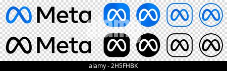 Vinnytsia, Ukraine - November 09, 2021: Set of Meta icons. Social network Meta (before Facebook) buttons in blue-black colors. Editorial vector logos Stock Vector