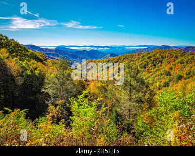 Clouds in the valley from Newfound Gap Road in the Great Smoky Mountains National Park in North Carolina Stock Photo