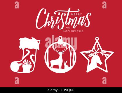 Christmas decorations for laser cut. Ball with deer and winter landscape, gift, sock, star. Christmas hand lettering text. Stock Vector