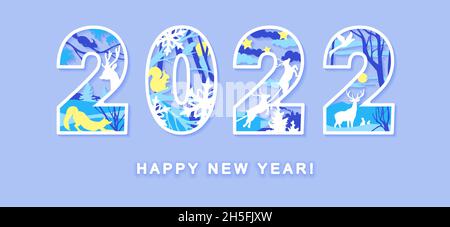 Happy New Year 2022 numbers design. Laser cut template with deer, fox, winter landscape, squirrel, snowflakes, stars. Cover for diary. Stock Vector
