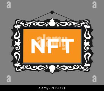 NFT - crypto art in the frame. Digital artwork as phyiscal painting and canvas. Vector illustration. Stock Photo
