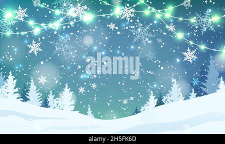 Blur background with snowflakes, trees, garlands, falling snow. Holiday winter landscape. Stock Vector