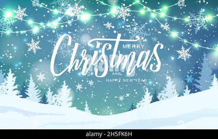 Merry Christmas hand lettering on blur background with snowflakes, trees, garlands, falling snow. Holiday winter landscape. Stock Vector