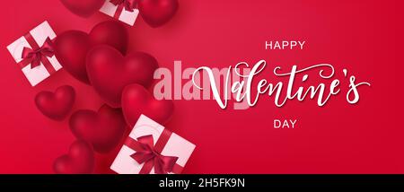 Happy Valentine's day text, hand lettering typography poster on red gradient background. Vector illustration. Stock Vector