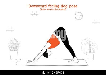 Woman doing yoga asana downward facing dog pose Stock Vector