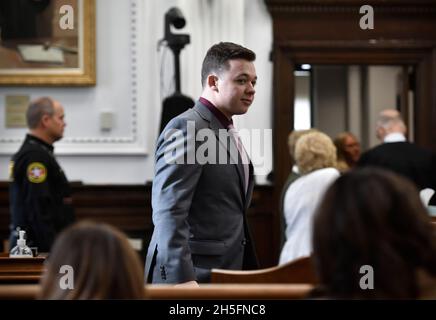 Kenosha, Wisconsin, USA. 9th Nov, 2021. Kyle Rittenhouse returns to the courtroom after a break during his trial at the Kenosha County Courthouse in Kenosha, Wis., on Tuesday, Nov. 9, 2021. (Credit Image: © Sean Krajacic/The Kenosha News-POOL via ZUMA Press Wire) Stock Photo