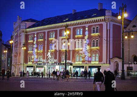 Exterior view of the shopping center Palladium. This shopping mall is one of the biggest in the Czech Republic. PRAGUE, CZECH REPUBLIC, OCTOBER, 2021 Stock Photo