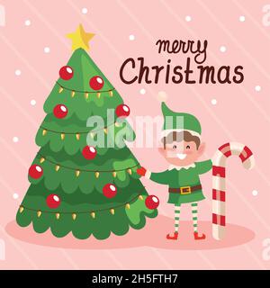 elf with candy cane and pine tree Stock Vector