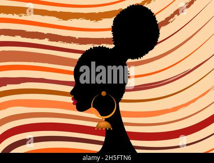 Tribal Afro hairstyles, Woman hair bun style for curly hair, beauty Curly Puff for Extension fashion hair, vector isolated on African pattern textile Stock Vector