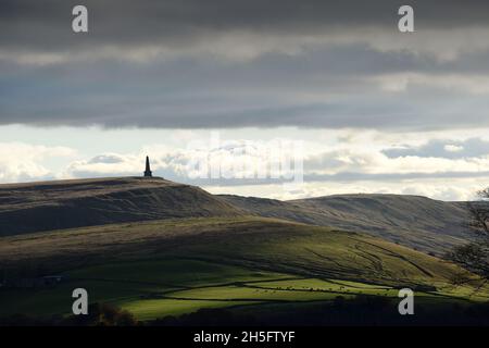 Hill farm near Stoodley Pike Monument on the moors of the upper Calder Valley and the market town of Todmorden. Stock Photo