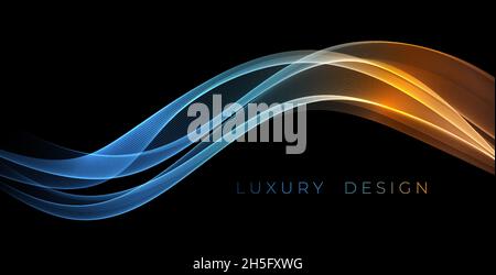 Abstract Waves. Shiny blue moving lines design element on dark background for greeting card and disqount voucher. Stock Vector