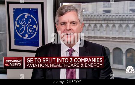 New York, New York, USA. 09th Nov, 2021. General Electric CEO LARRY CULP discusses the company's decision to restructure its aviation, health care and energy businesses into separate, publicly-traded entities.(Credit Image: © Cnbc/ZUMA Press Wire) Stock Photo